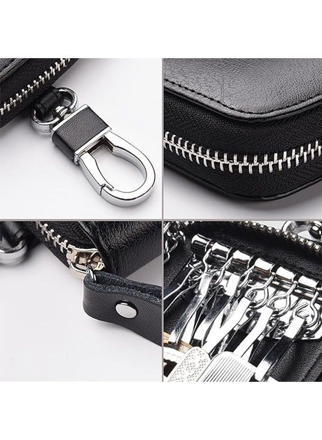 حافظة مفاتيح سيارة من الجلد الصناعي، حقيبة سيارة، حقيبة سلسلة مفاتيح سيارة بسحاب، محفظة مفاتيح وبطاقات (أسود) - Image 4